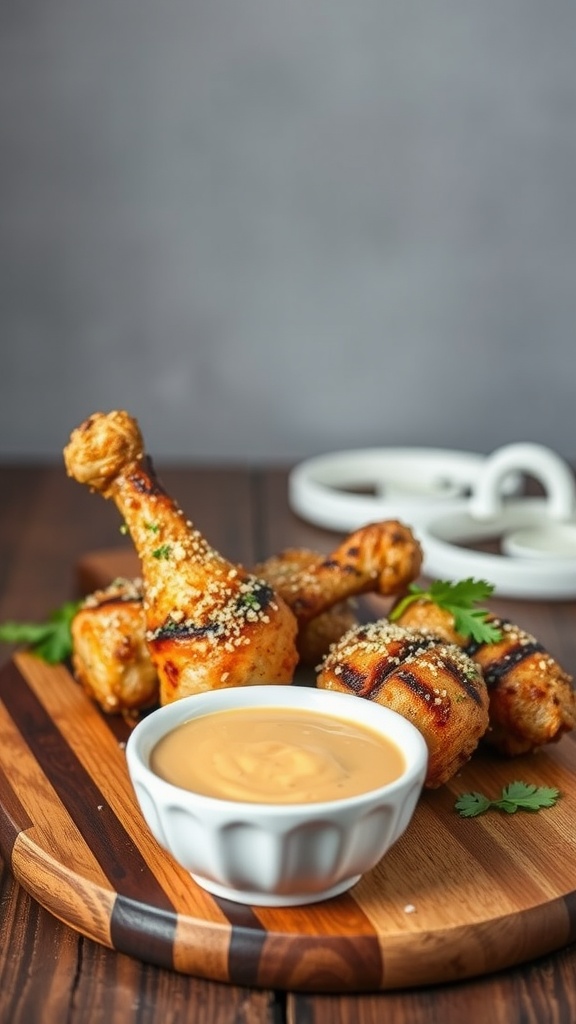 Crispy Parmesan and Herb Chicken Drumsticks with dipping sauce