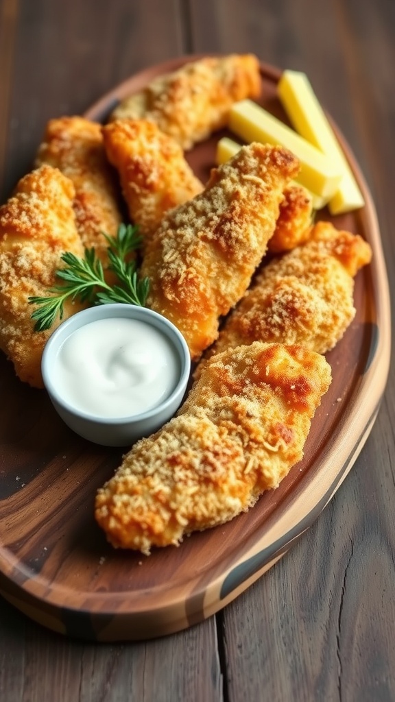 Crispy Parmesan Crusted Chicken Tenders with dipping sauce