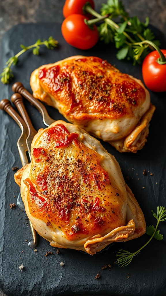 Crispy baked chicken thighs with a golden brown skin.