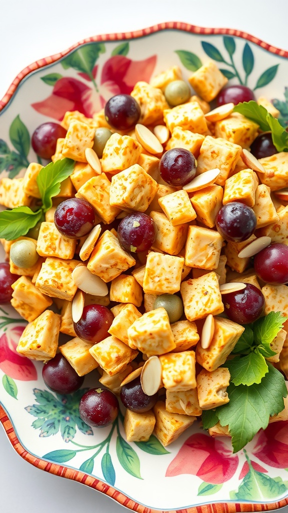 Curried chicken salad with grapes and almonds served on a colorful plate.