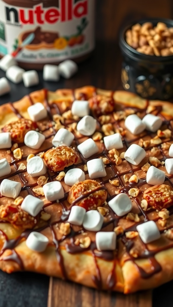 Dessert BBQ Chicken Pizza topped with Nutella, marshmallows, and nuts.