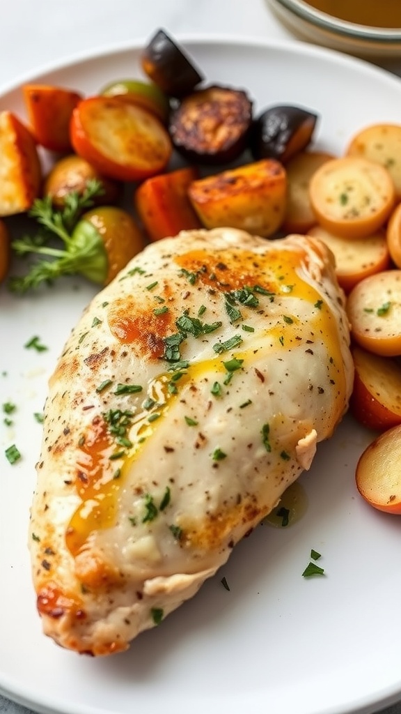 Plate of Dijon Herb Air Fryer Chicken served with vegetables.
