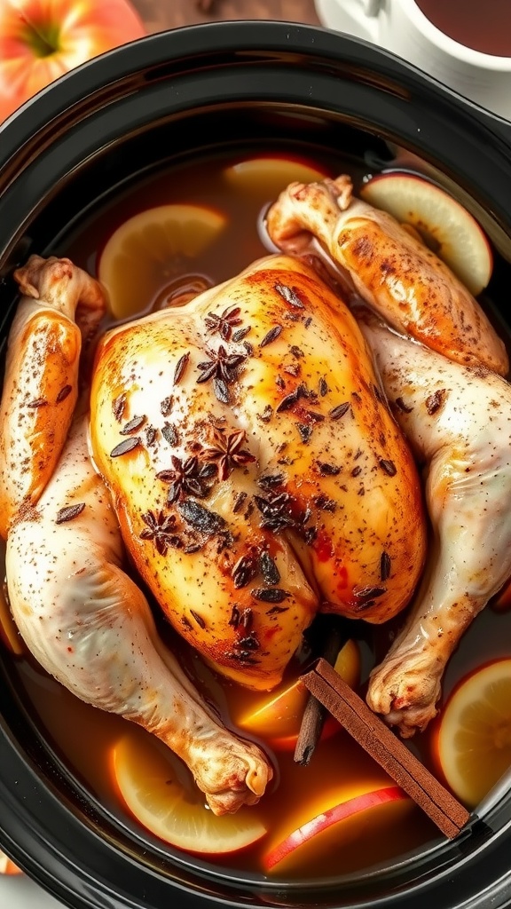 Slow Cooker Whole Chicken with apple cider and spices
