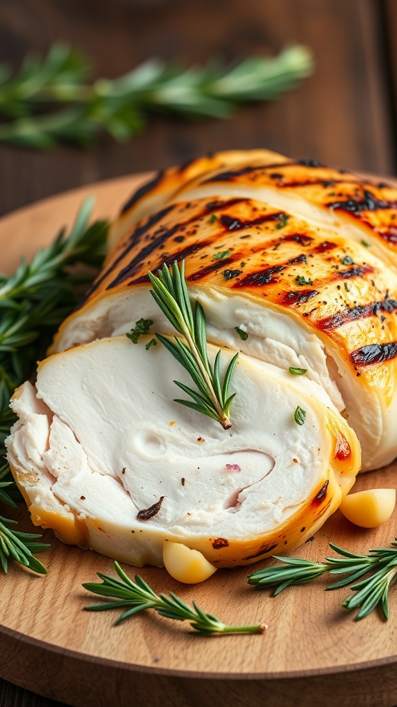 A beautifully grilled turkey breast garnished with rosemary.