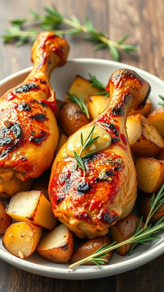 Delicious grilled chicken drumsticks served with roasted potatoes and fresh rosemary