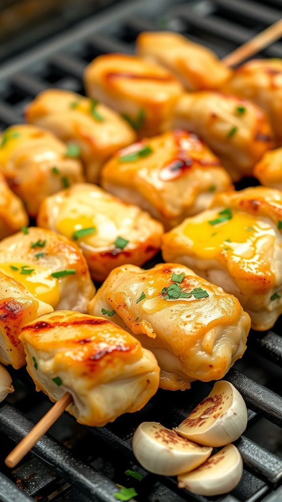 Delicious garlic butter chicken kabobs on skewers, grilled to perfection.