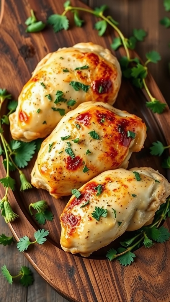 Juicy and crispy garlic herb butter baked chicken thighs garnished with fresh herbs