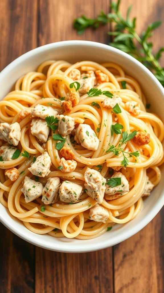 A bowl of Garlic Herb Pulled Chicken Pasta, garnished with parsley.