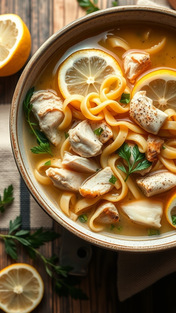 A bowl of Garlic Lemon Chicken Noodle Soup with slices of lemon and fresh parsley.
