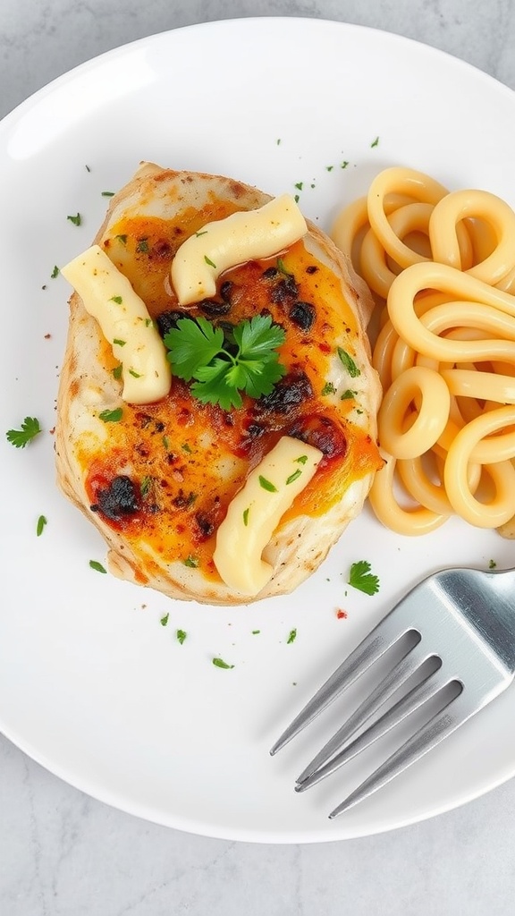 A plate of garlic parmesan chicken served with pasta.