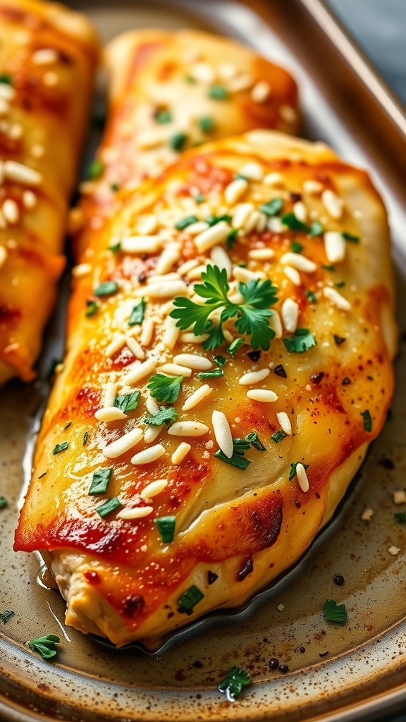 Baked Garlic Parmesan Chicken Breasts garnished with parsley