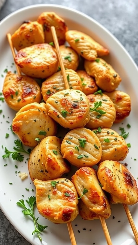 Delicious garlicky chicken skewers with a hint of Parmesan, ready for grilling.