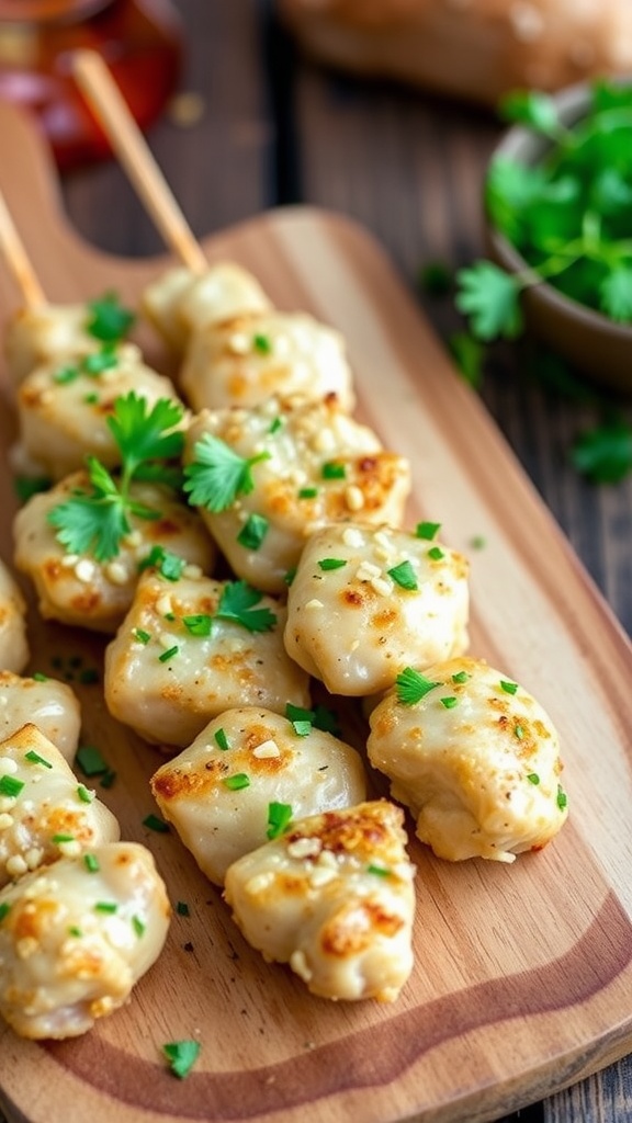 Delicious garlic parmesan chicken skewers garnished with parsley and lemon wedges