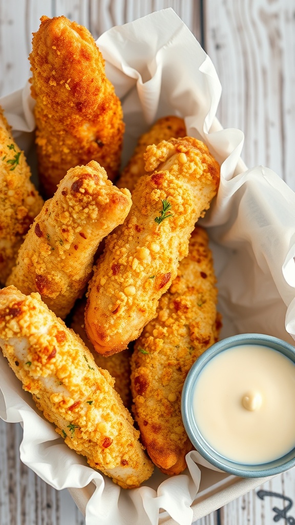 Crispy garlic parmesan chicken tenders served with a dipping sauce