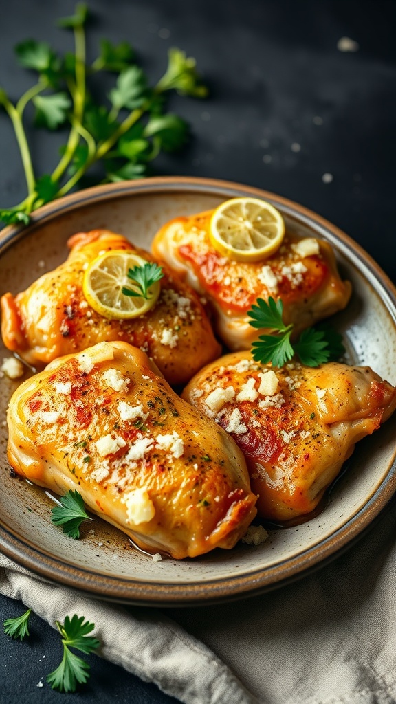 Garlic Parmesan Chicken Thighs garnished with parsley and lemon slices.