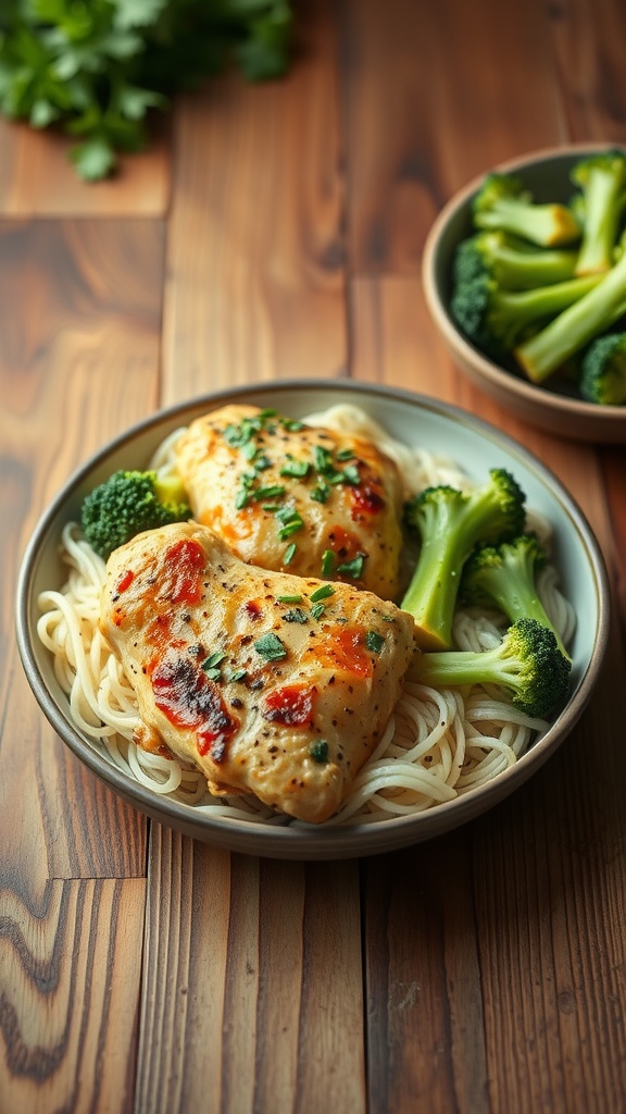 A plate of garlic parmesan chicken breast with broccoli