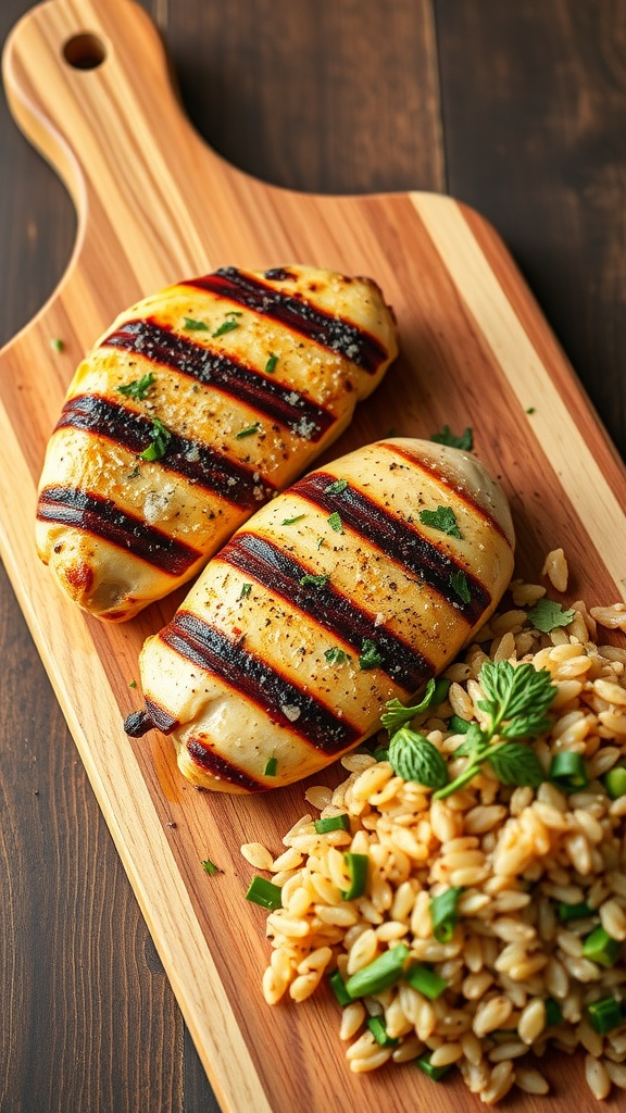 Grilled chicken with wild rice on a wooden board