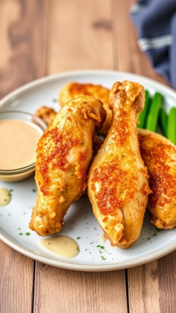 Delicious Garlic Parmesan Crusted Chicken Legs served with dipping sauces.