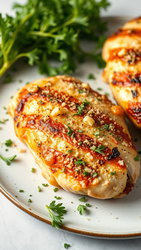 Deliciously grilled chicken breasts coated in garlic and Parmesan