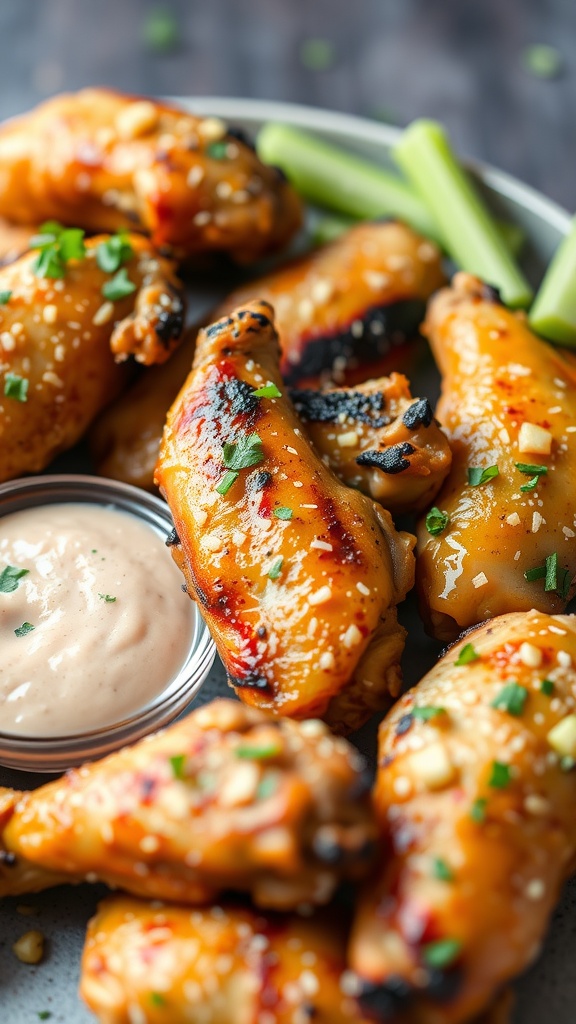 Delicious garlic parmesan grilled chicken wings served on a platter.