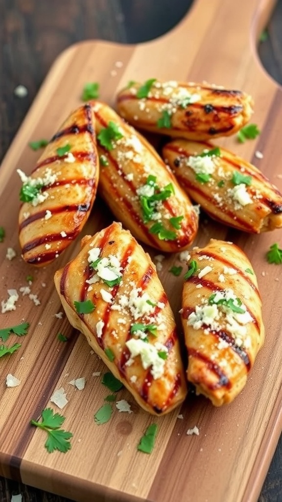 Delicious Garlic Parmesan Grilled Chicken Wings garnished with parsley on a wooden board.