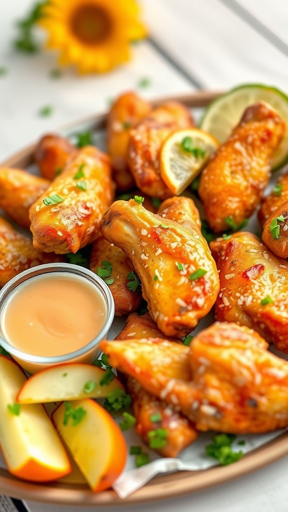 Delicious garlic Parmesan roasted chicken wings served with dipping sauce and apple slices.