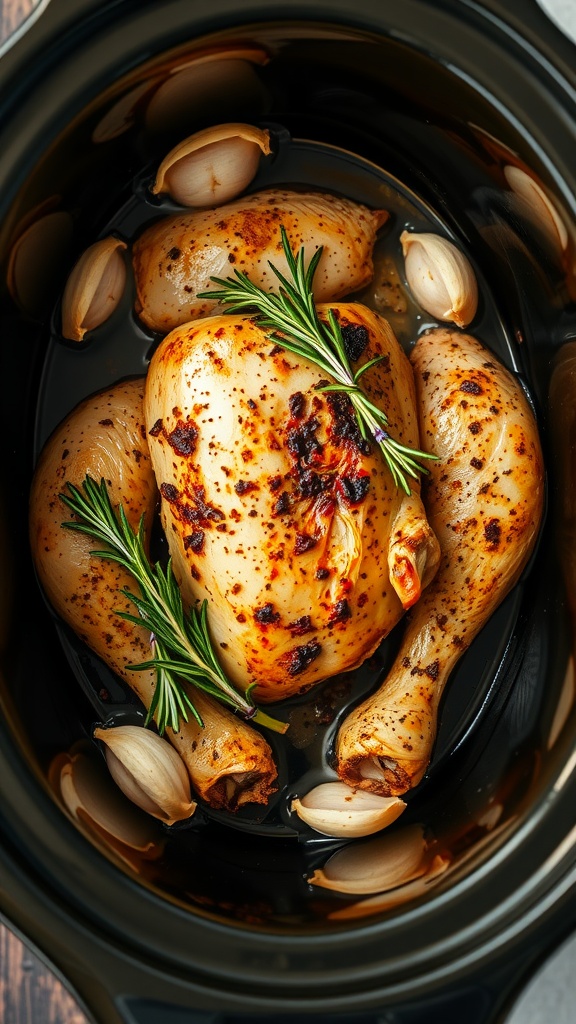 A crock pot filled with garlic rosemary chicken, featuring cloves of garlic and sprigs of rosemary.