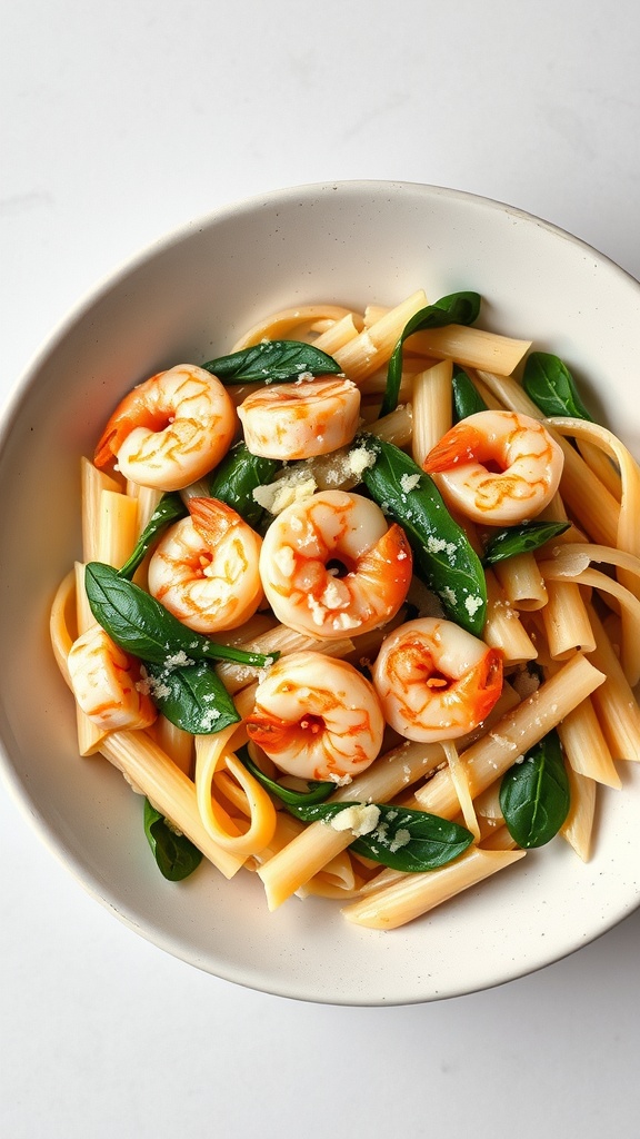 A bowl of Garlic Shrimp and Spinach Penne pasta