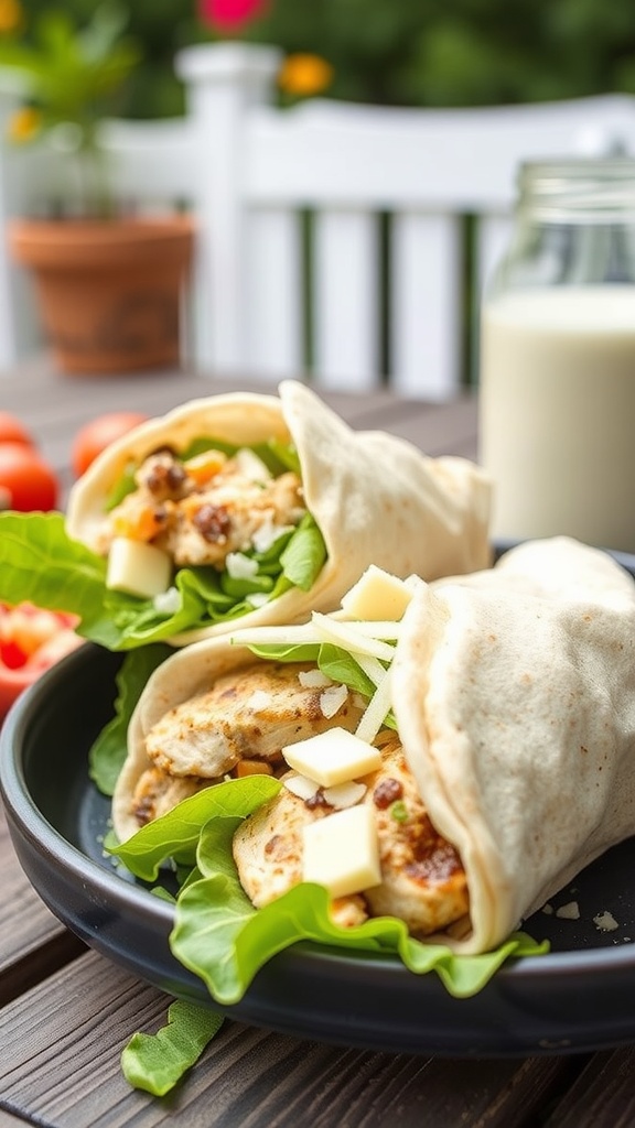 Two Greek yogurt chicken Caesar wraps with lettuce and cheese on a black plate