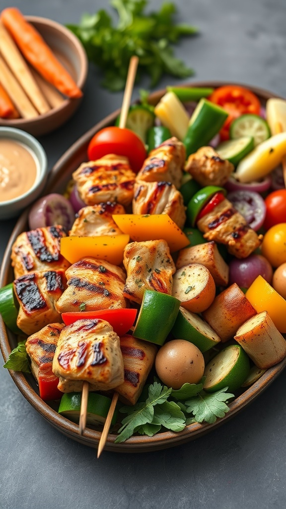 A plate of colorful grilled chicken and veggie skewers with fresh vegetables.