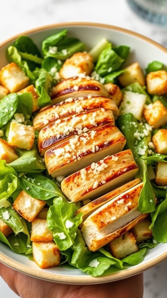 A vibrant bowl of Grilled Chicken Caesar Salad with grilled chicken, romaine lettuce, and croutons.
