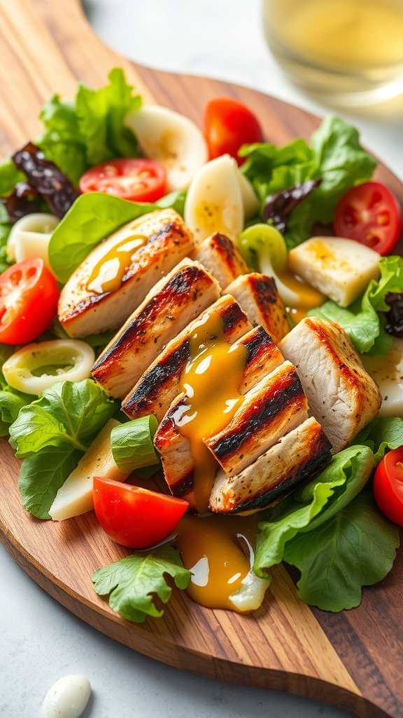 A colorful plate of Grilled Chicken Caesar Salad with grilled chicken, lettuce, tomatoes, and dressing.