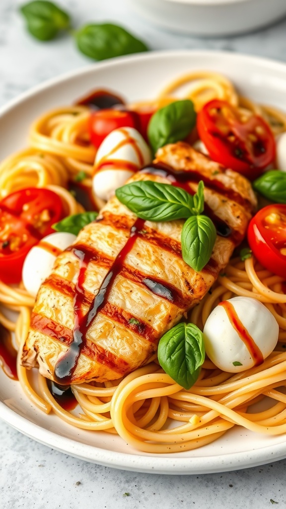 A delicious plate of grilled chicken caprese pasta with fresh ingredients.
