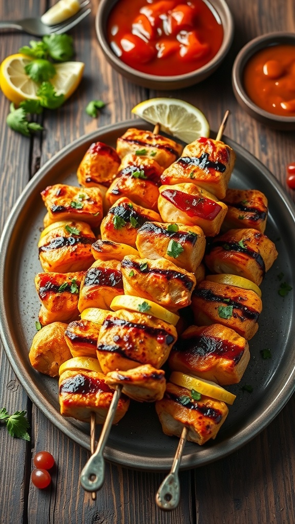 Grilled chicken skewers with lemon and herbs on a plate