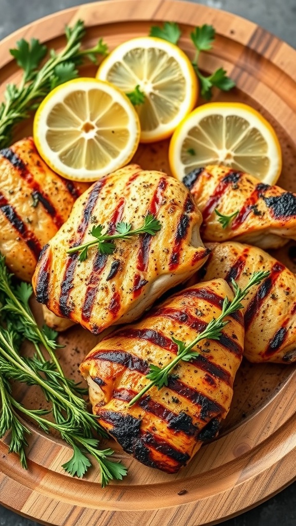 Grilled lemon herb chicken thighs on a wooden plate with lemon slices and herbs.