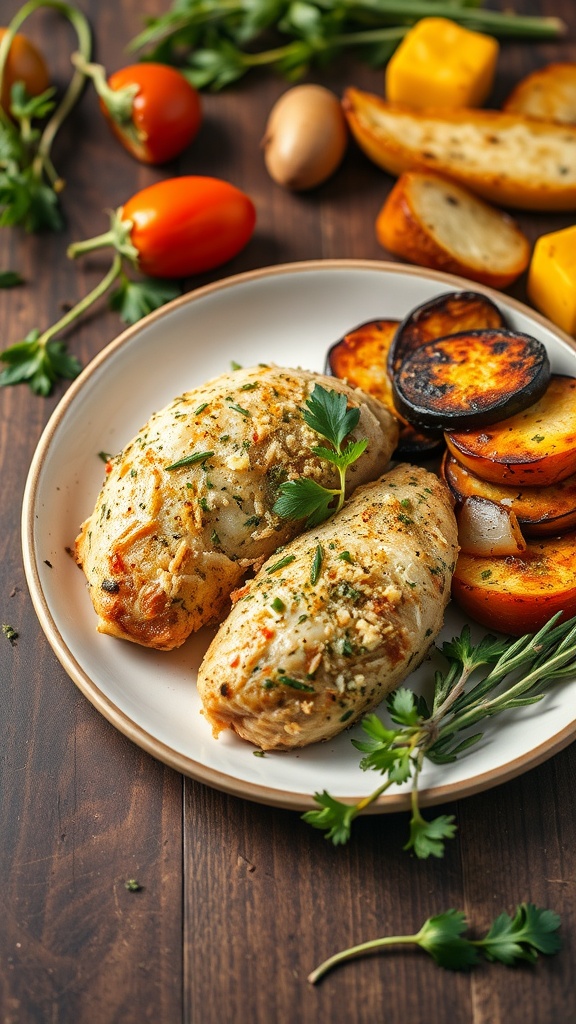 Herb-Crusted Parmesan Chicken with roasted vegetables on a plate