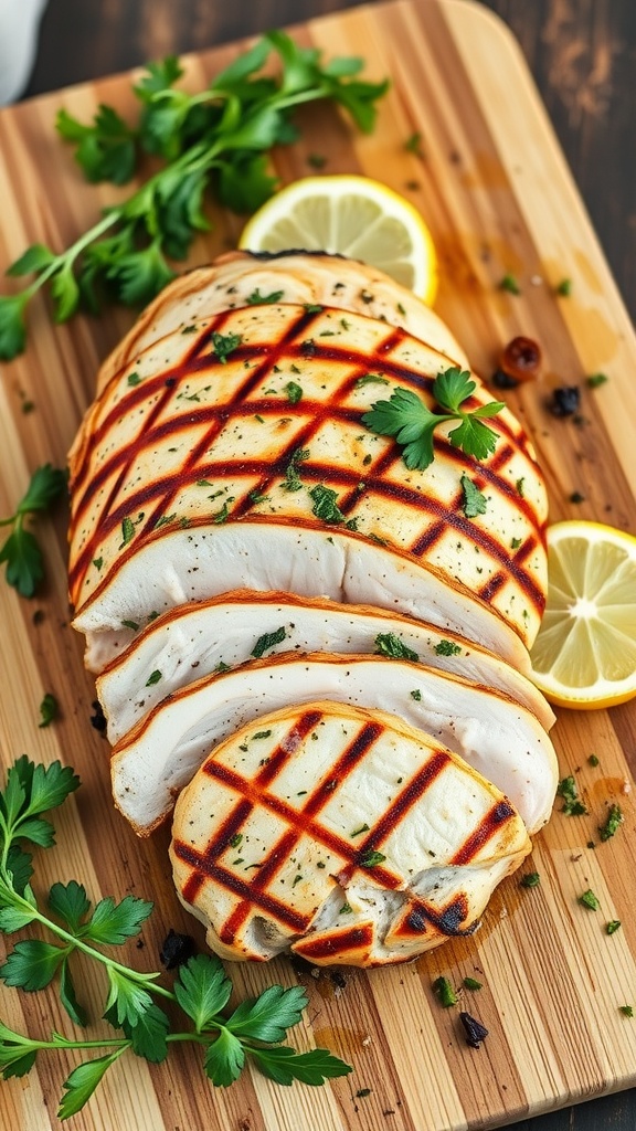 Herb-marinated grilled turkey breast, sliced and garnished with parsley and lemon slices.