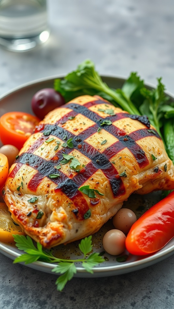 Grilled chicken breast garnished with herbs and served with fresh vegetables.
