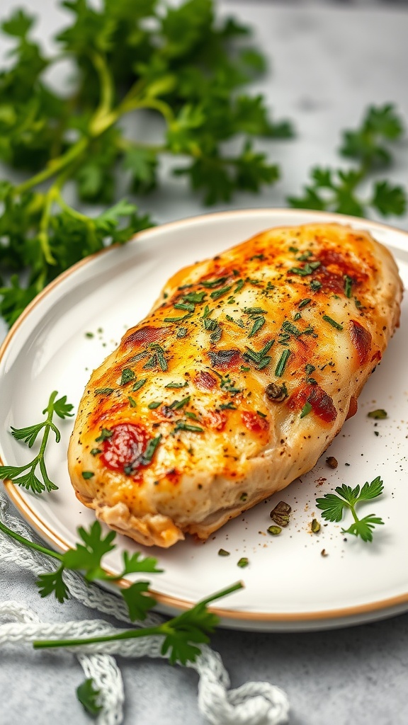 Juicy and crispy herb and garlic air fryer chicken breast garnished with fresh parsley.