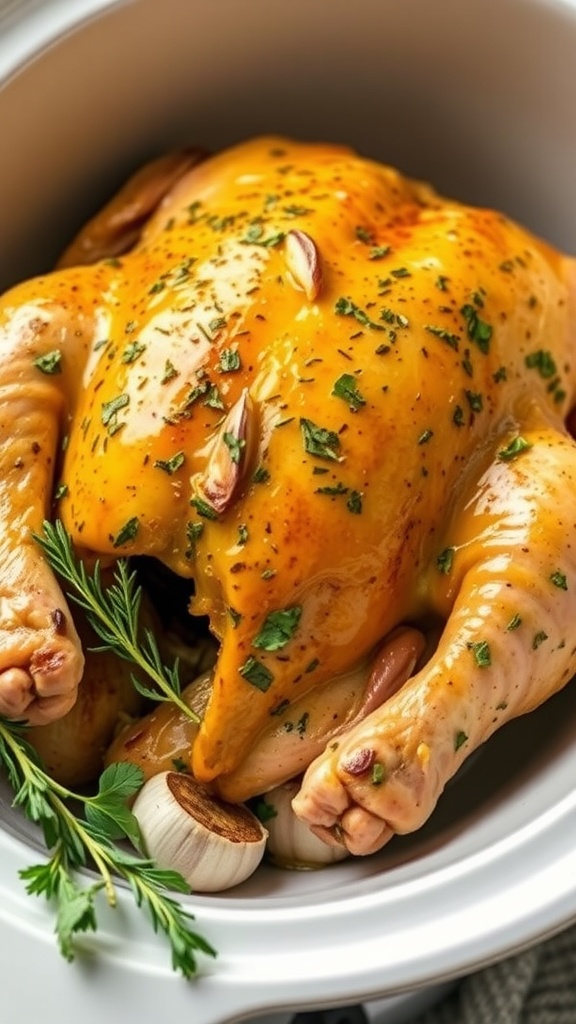 A whole chicken cooked with herb and garlic butter, garnished with fresh herbs.