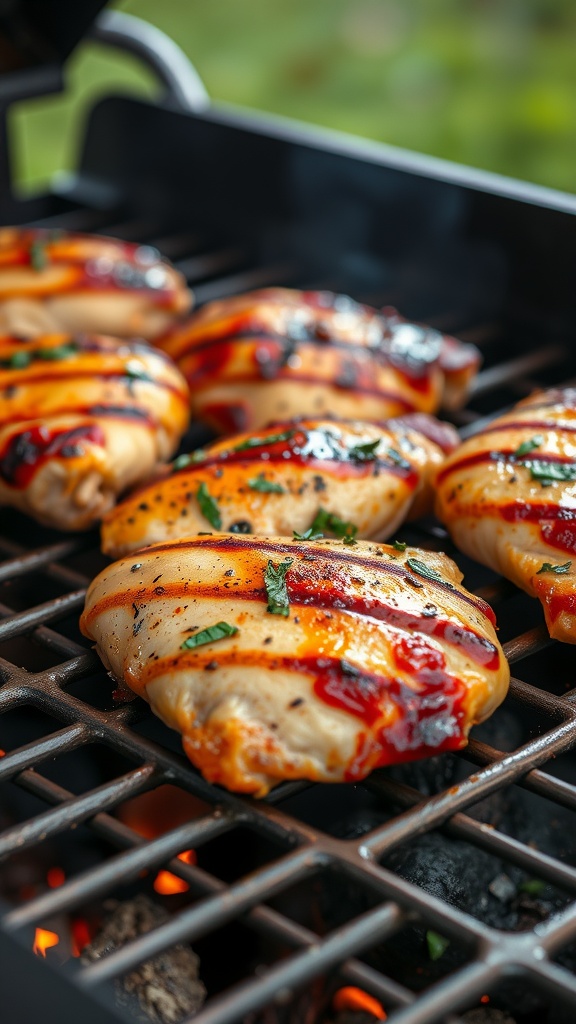 Herb and spice marinated chicken grilling on a BBQ