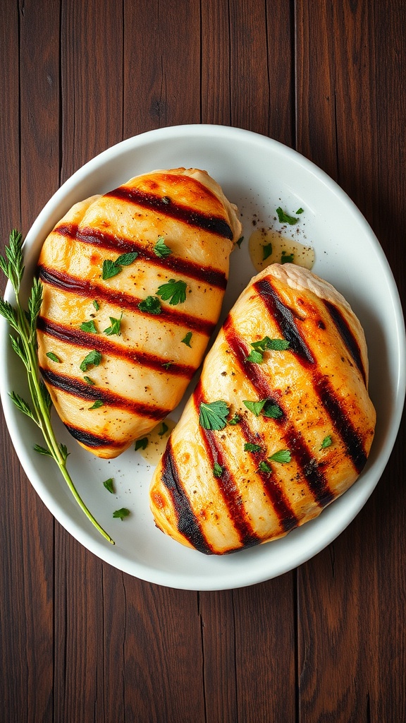 Grilled chicken breasts garnished with herbs on a plate