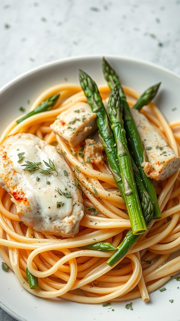 A plate of herbed chicken and asparagus linguine, showcasing tender chicken, green asparagus, and spaghetti.