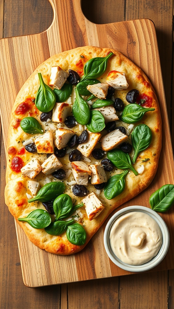 A delicious herbed chicken and spinach flatbread with olives on a wooden board.