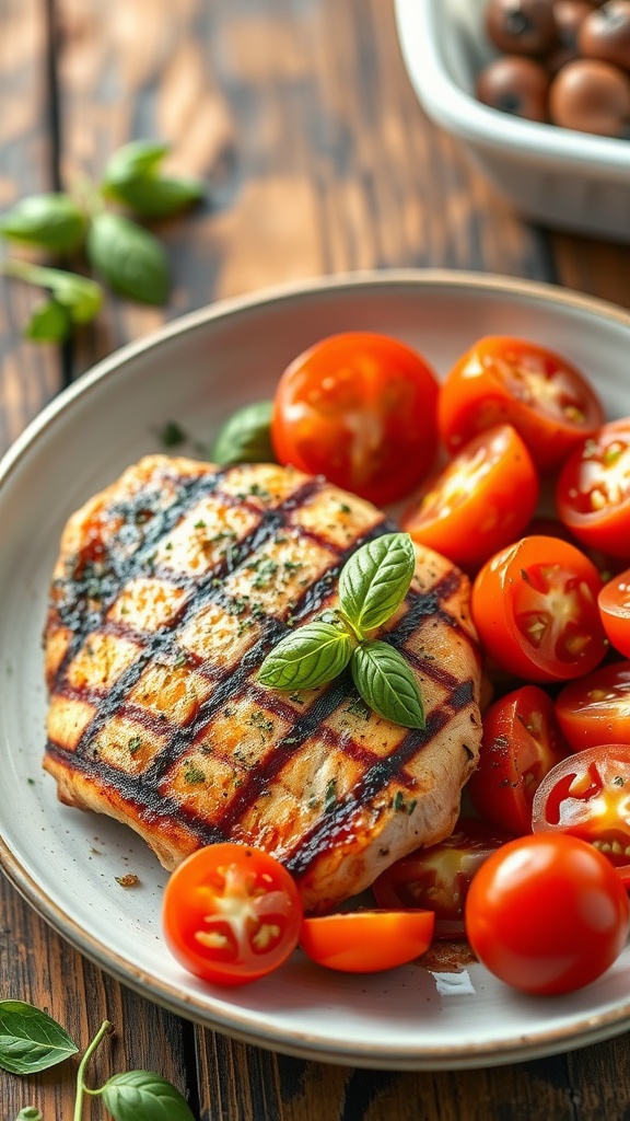 A plate of grilled chicken breast garnished with herbs, served with a fresh tomato salad.