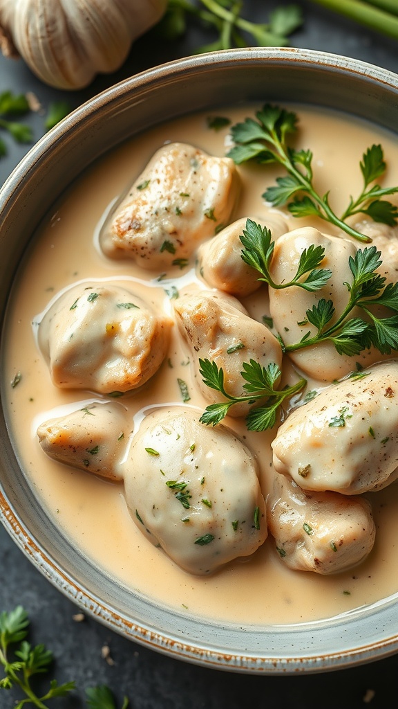 Plate of Herbed Garlic Chicken in Creamy Sauce garnished with parsley
