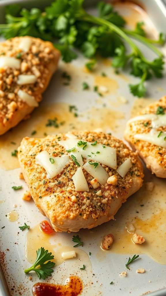 Juicy Herbed Parmesan Chicken Thighs garnished with fresh herbs