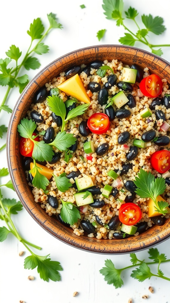 A vibrant herbed quinoa and black bean salad with vegetables.