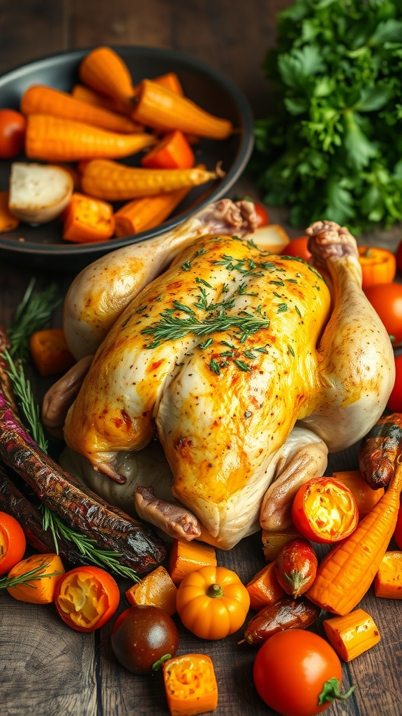A whole roasted chicken with herbs and colorful vegetables