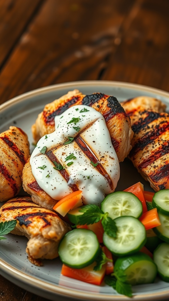 Grilled herbed yogurt marinated chicken thighs served with a side of fresh vegetables.